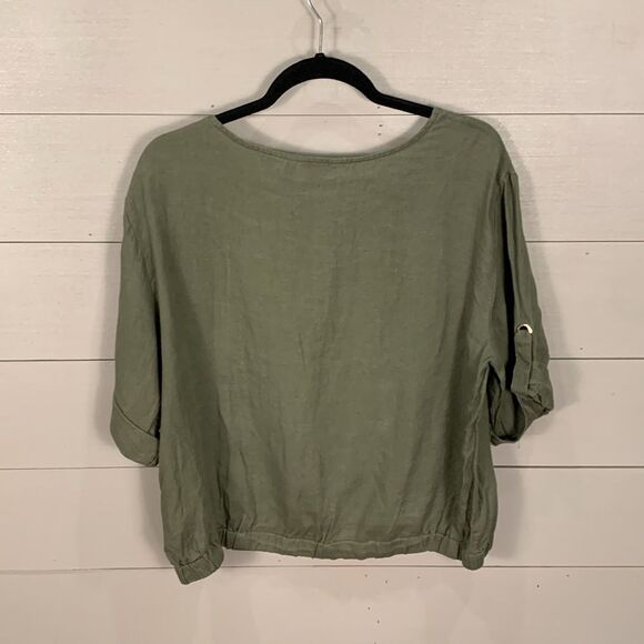 Ellen Tracy 100% linen olive green cropped bubble style blouse size large - Picture 8 of 8